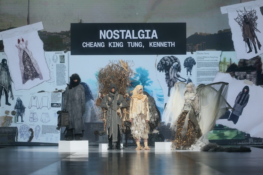 Excellence Award and Best Art Direction winner Cheang King Tung, Kenneth presented the collection “NOSTALGIA”. Drawing inspiration from the 1983 film Nostalghia, the work explores the concepts of homeland, distance and yearning, translating his memories of Hong Kong into the language of clothing. The collection draws inspiration from Hong Kong's humid air, harbours, fishing villages, typhoon shelters and industrial landscapes. Through hand-dyeing, sewing, and experimental material treatments, it showcases the traces left behind by the passage of time. Each piece is like a poem written to Hong Kong, documenting memories, emotions, and the connection between people and the city. Sharing his thoughts after the win, Mr Cheang said: 
