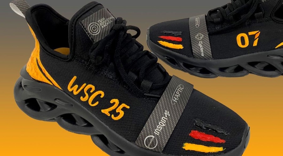 The new design for Team Sonnenwagen’s sports shoes was produced using Huafeng's proprietary HAPTIC® Art textile coating system containing partially bio-based INSQIN® PU dispersions from Covestro. © 2025 Huafeng