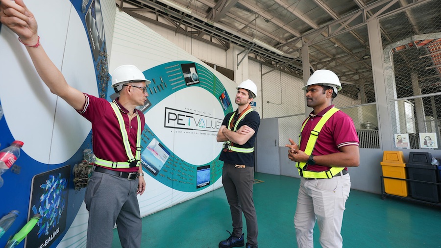 Representatives from PETValue Philippines and Republic Cement engage in discussions at the PETValue recycling facility, highlighting the shared commitment to advancing circular economy solutions through the Zero Waste to Landfill partnership. © 2026 Indorama Ventures