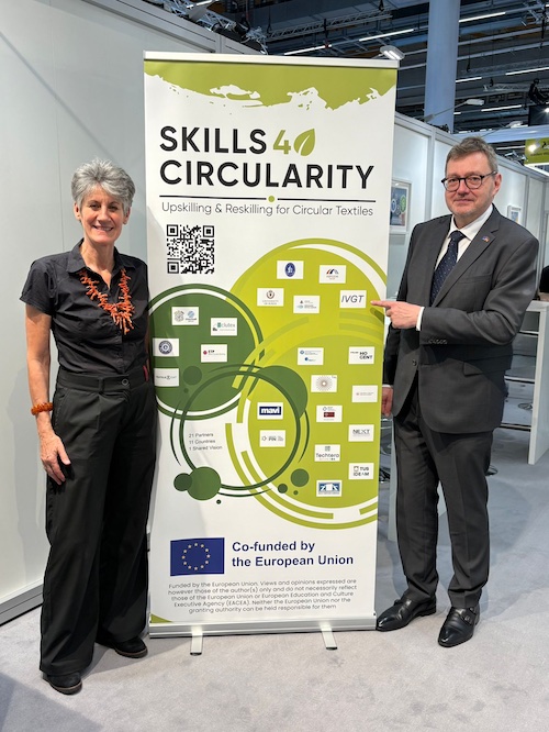 Stefan Schmidt and Iris Schlomski, both from IVGT, presented the Skills4Circularity project at the IVGT stand at Techtextil 2026 © 2026 IVGT