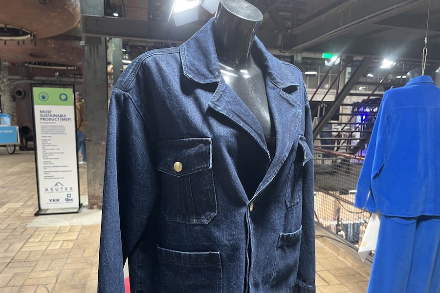 Naveena Denim 100% recycled cotton garment in the Kingpins Most Sustainable Product (MSP) display © 2025 Monforts