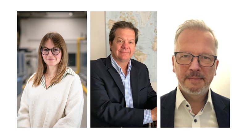 (left to right): Monforts Technologist Saskia Kuhlen, Rick Stanford, Vice President of Business Development for Textiles at BW Converting and Michael Schuhmann, Global Marketing Segment Manager for Technical Textiles at Archroma Textile Effects. © 2025 Monforts