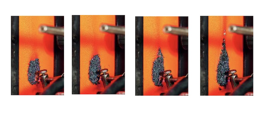 The test series demonstrates the limited flame spread. The expandable graphite swells to 40 to 60 times its original volume, forming a stable protective barrier against flames that remains effective, even after more than five minutes © 2026 Textilcolor