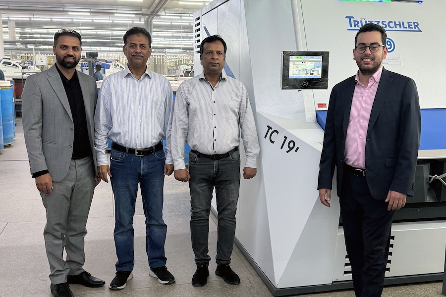 Strengthening partnerships during a visit to Nishat's spinning mill. From left to right:<br />
Ali Bin Tahir (Sales Agent Machpart), Sheikh Riaz Ahmed (Technical Director Nishat Chunian Unit 2), Muhammad Waseem Akthar (General Manager Nishat Chunian Unit 6) and Thami Berrada (Area Sales Manager TCC) © 2025 Truetzschler