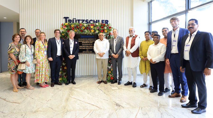 Celebrating the inauguration of the new Trützschler manufacturing facility in Sanand, India. From left to right: Edda Schürenkrämer, Shareholder, Alexander Stampfer, CSO, Caroline Lange, Shareholder, Florian Rück, CFO, Charlotte Fontaine, Shareholder and member of the Supervisory Board, Florian Schürenkrämer, Shareholder and member of the Supervisory Board, Dr. Michael Schürenkrämer, Shareholder, Shri Bhupendra Bhai Patel, Chief Minister of Gujarat, Heinrich Trützschler, Shareholder, Shri Parshottam Ji Rupala, Member of Parliament, Shri Kanubhai Patel, Member of Gujrat Legislative Assembly, Heinrich Krull, COO, and Joseph Thomson, CEO Trützschler India © 2025 Trützschler