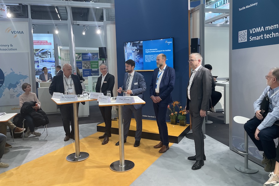 Discussion at VDMA booth at Techtextil 2024 in Frankfurt © 2025 TexData International