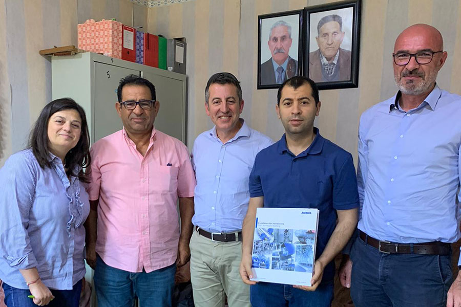 Contract signature at Kherib familly’s facility in Bejaia, Algeria. From left to right: Caterina Potenza (Sales Agent), Farid Kherib (Founder of SNC Kherib), Nicolas Canas (ANDRITZ Area Sales Manager), Smail Kherib (General Manager of SNC Kherib), Arnaud Laroche (ANDRITZ Head of Sales Spunlace)